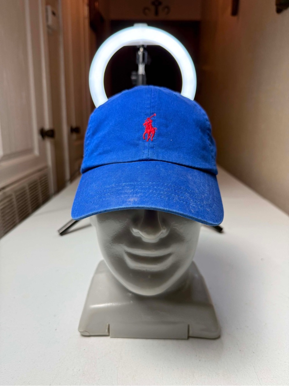 Dirty Polo Ralph Lauren Classic Cotton Chino Baseball Cap Leather Strap Blue